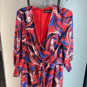 New York & Company Red, Blue & White Swirl Long Sleeve Wrap Dress